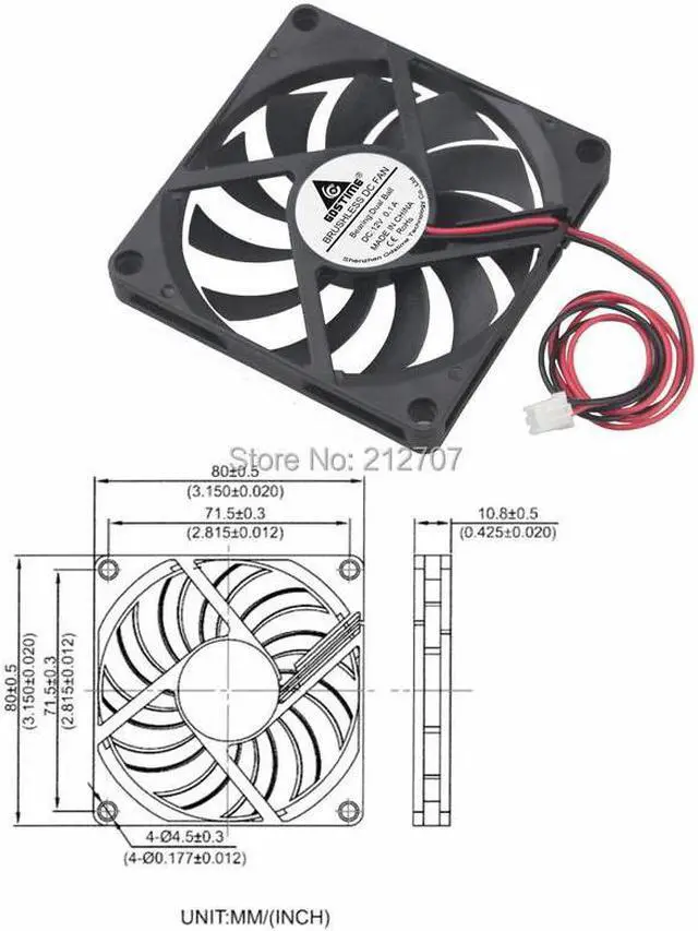 Alt view image 6 of 6 - 12V Dual Ball 80mm 8cm 80*80*10mm 2PIN 3000RPM DC Brushless Cooling Cooler Fan CPU PC Laptop Computer Axial Fan