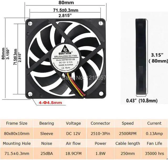 Alt view image 4 of 6 - 2PCS 3Pin 8cm 80x10mm 80mm x 80mm x 10mm DC 12V Brushless Cooling Cooler CPU Fan