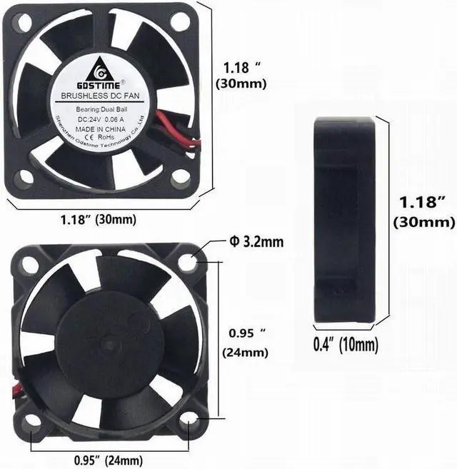 Alt view image 6 of 6 - 2 Pieces DC 24V 3cm 30x30x10mm 30mm Two Ball bearing Cooling Fan 30mm x 10mm 3010 Mini Brushless Cooler Fan