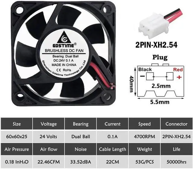 Alt view image 6 of 6 - 2pcs 24V 4700RPM Ball Bearing 60*60*25mm DC 24 Volts 2 Pin Cooler Brushless PC CPU Case Cooling Fan 6025