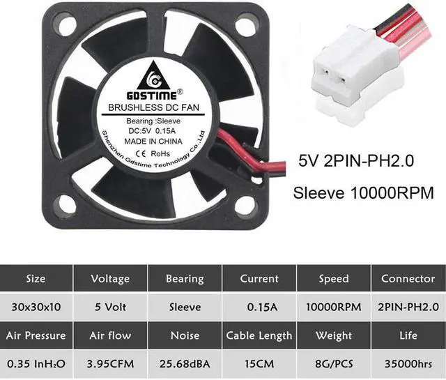 Alt view image 5 of 6 - 1 Piece 3010 5V 2Pin 3cm 30mm 30 x 30 x 10mm 5 Blades Mini DC Cooling Fan