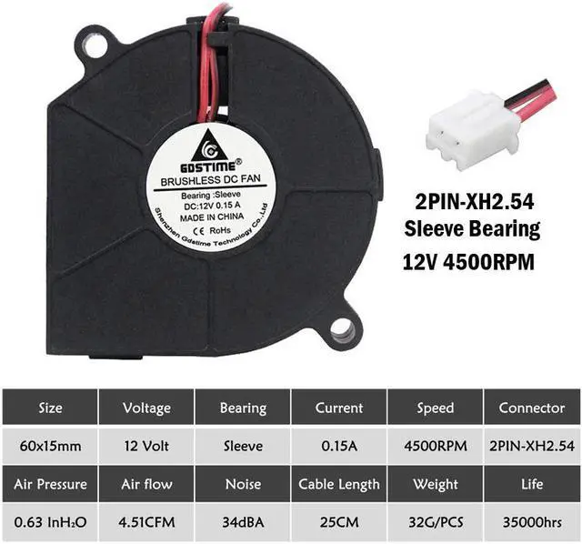 Alt view image 5 of 6 - 1 Piece Brushless Cooling Cooler Fans 60*60*15mm 2Pin 6015S 60mm 12V DC Blower Fan