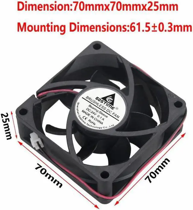 Alt view image 6 of 6 - 1 pcs 70x70x25mm 70mm 24V 2Pin 2 Wire Brushless DC Cooling Fan 7cm 7025 Motor Equipment CPU Cooler Fan
