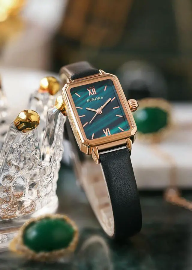 Alt view image 3 of 6 - Women Green Retro Square Watch Analog Quartz Stainless Steel Mesh Leather Band Casual Fashion Ladies Wrist Watches 3ATM Waterproof