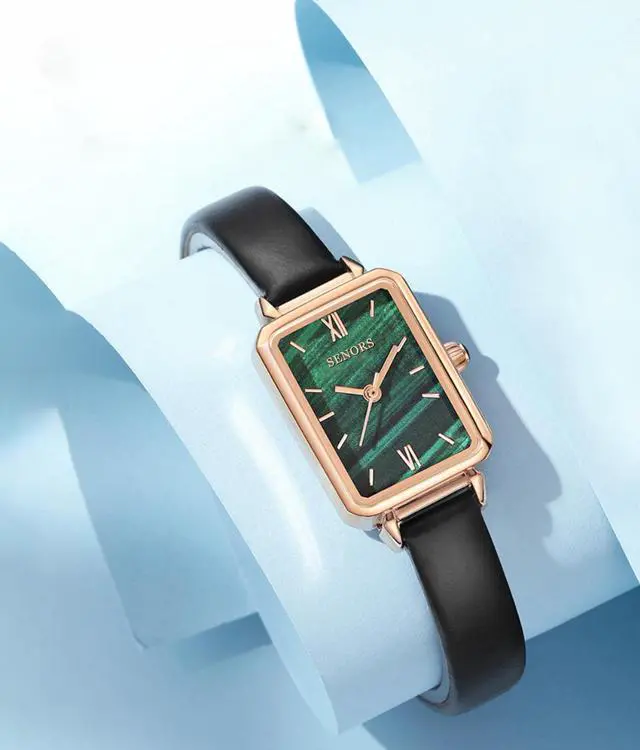 Alt view image 4 of 6 - Women Green Retro Square Watch Analog Quartz Stainless Steel Mesh Leather Band Casual Fashion Ladies Wrist Watches 3ATM Waterproof