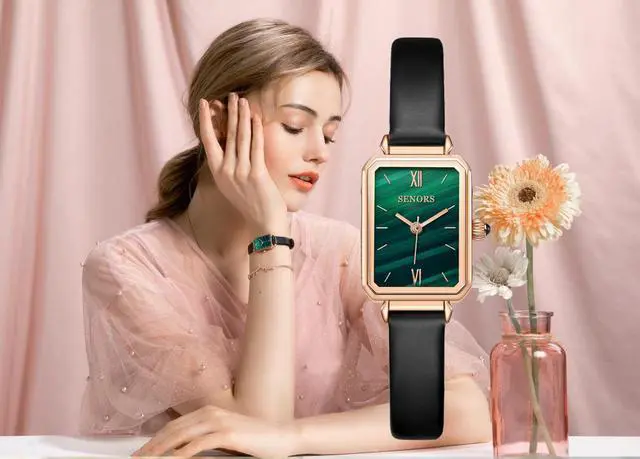 Alt view image 6 of 6 - Women Green Retro Square Watch Analog Quartz Stainless Steel Mesh Leather Band Casual Fashion Ladies Wrist Watches 3ATM Waterproof