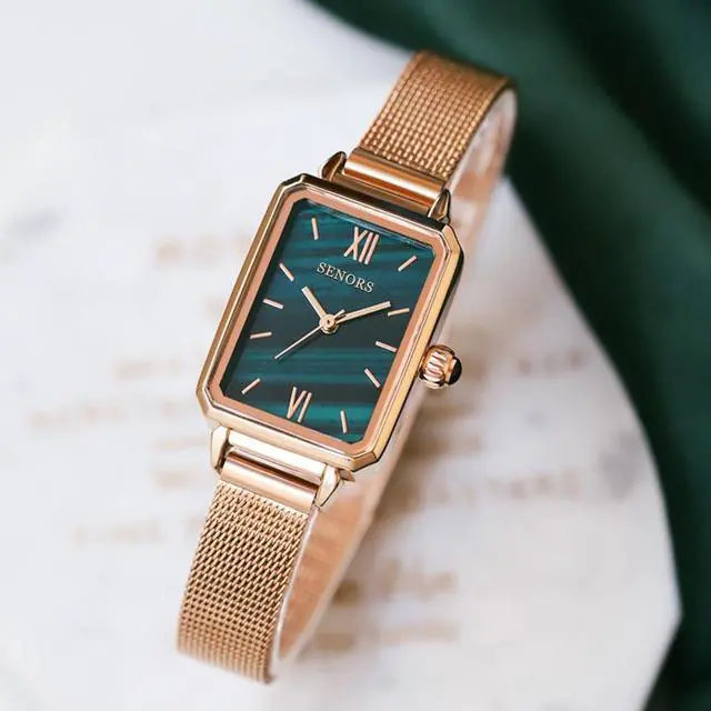 Alt view image 2 of 6 - Women Green Retro Square Watch Analog Quartz Stainless Steel Mesh Leather Band Casual Fashion Ladies Wrist Watches 3ATM Waterproof