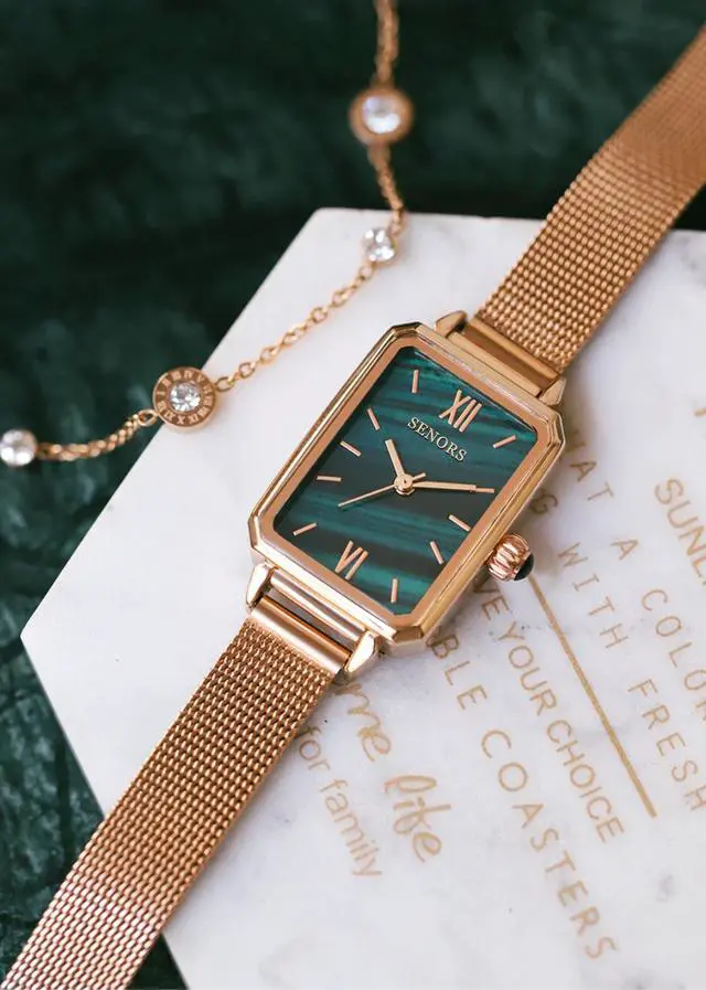 Alt view image 3 of 6 - Women Green Retro Square Watch Analog Quartz Stainless Steel Mesh Leather Band Casual Fashion Ladies Wrist Watches 3ATM Waterproof
