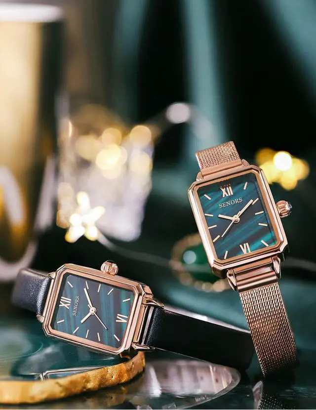 Alt view image 5 of 6 - Women Green Retro Square Watch Analog Quartz Stainless Steel Mesh Leather Band Casual Fashion Ladies Wrist Watches 3ATM Waterproof