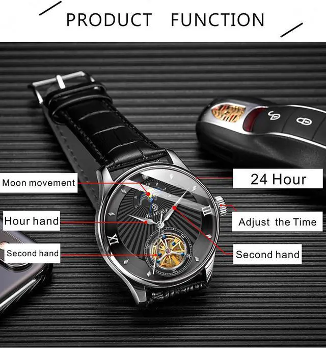 Alt view image 3 of 5 - Luminous Hands Watch Skeleton Tourbillon Mechanical Watch Mens Automatic Sport Clock Glass Back See Through Watch