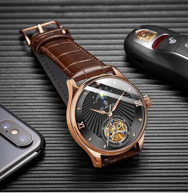 Alt view image 2 of 5 - Luminous Hands Watch Skeleton Tourbillon Mechanical Watch Mens Automatic Sport Clock Glass Back See Through Watch