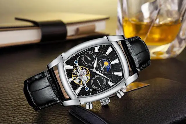 Alt view image 3 of 6 - Women Automatic Mechanical Wrist Watches Leather Moon Phrase Luminous Hands Self-Wind Watch