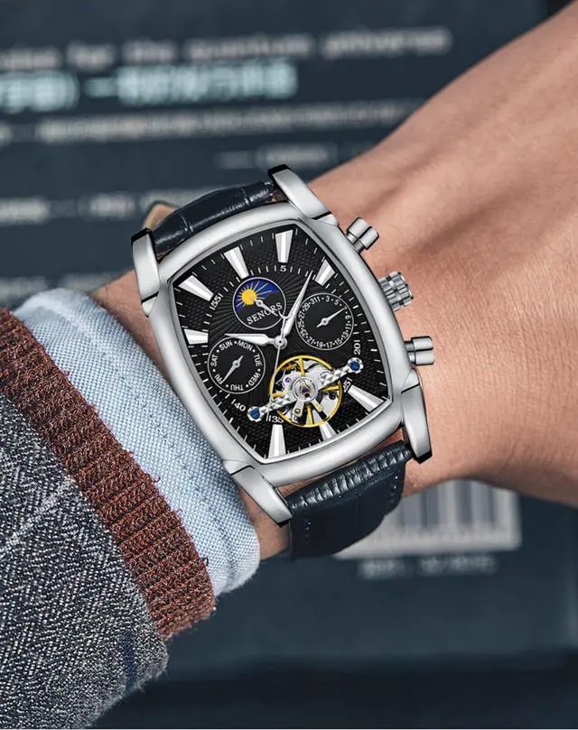 Alt view image 4 of 6 - Women Automatic Mechanical Wrist Watches Leather Moon Phrase Luminous Hands Self-Wind Watch