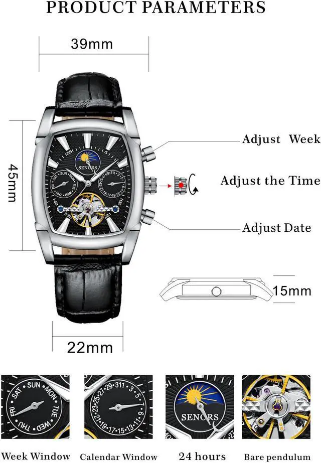 Alt view image 5 of 6 - Women Automatic Mechanical Wrist Watches Leather Moon Phrase Luminous Hands Self-Wind Watch