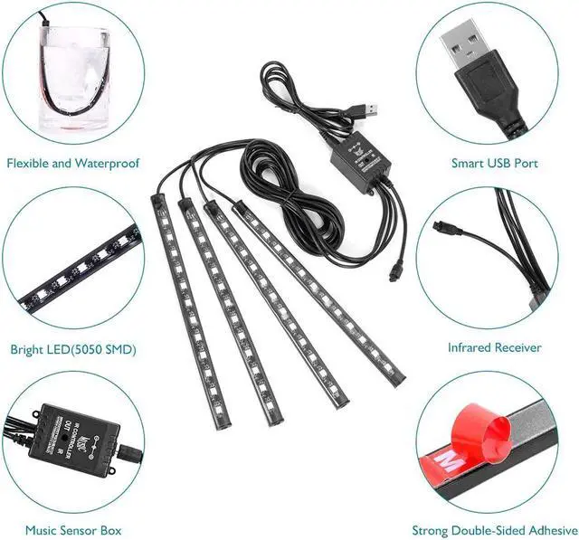 Alt view image 2 of 4 - Car Interior 36LED Ambient Light Neon LED Strip Foot Light with USB Wireless Remote Music Auto Atmosphere Decorative Lamp No App