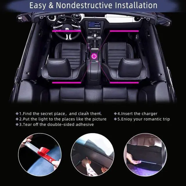 Alt view image 3 of 4 - Car Interior 48LED Neon Strip Light Wireless USB Remote Control Decorative Lamp Music Auto Atmosphere No APP