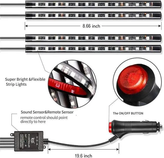 Alt view image 2 of 4 - Car Interior 48LED Neon Strip Light Wireless USB Remote Control Decorative Lamp Music Auto Atmosphere No APP