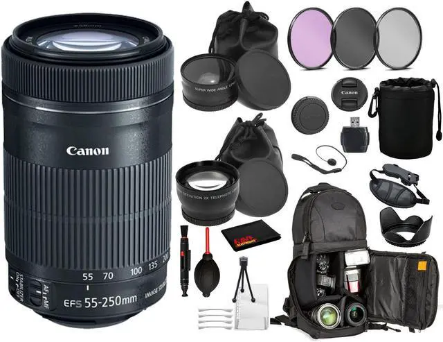 Main image of Canon EF-S 55-250mm f/4-5.6 IS STM Lens (8546B002) Lens with Bundle includes- 3pc Filters + DSLR Sling Backpack + More