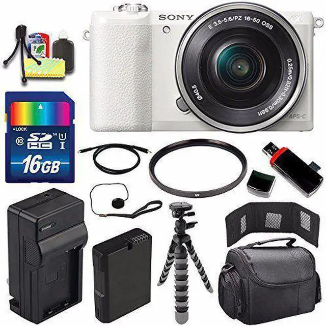 Main image of Sony Alpha a5100 Mirrorless Digital Camera with 16-50mm Lens (White) + Battery + Charger + 16GB Bundle 1 - International