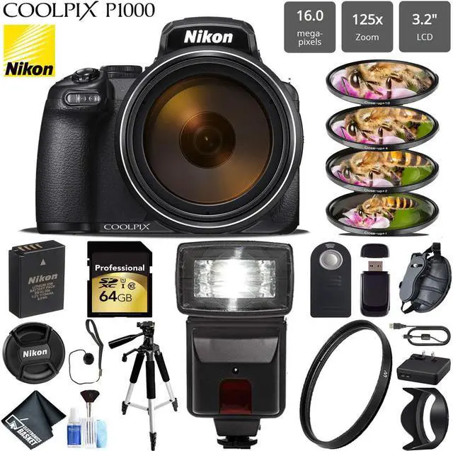 Main image of Nikon COOLPIX P1000 Digital Camera 16MP 125x Optical Zoom & Build in Wi-Fi + Slave Flash + Macro Filter Kit + UV Protection Filter + Wireless Remote + Tripod - (Intl Model)