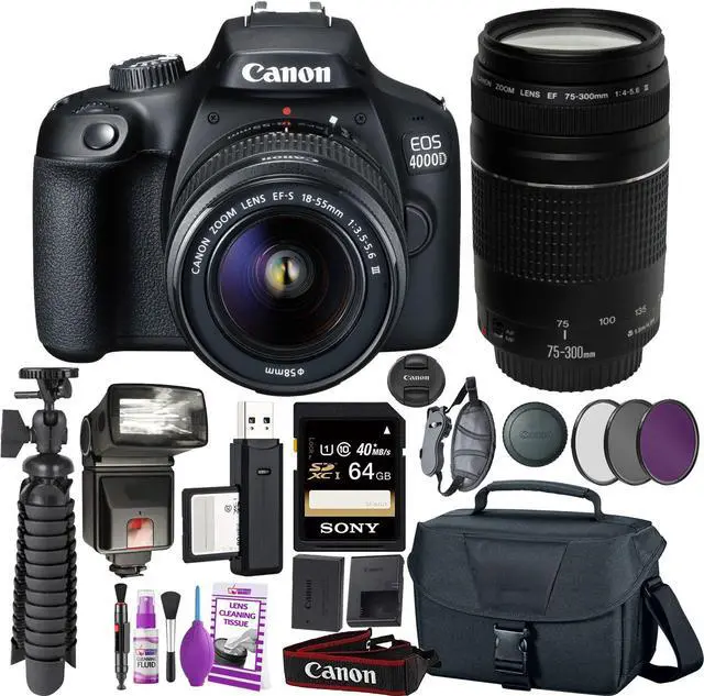 Alt view image 5 of 8 - Canon EOS 4000D DSLR Camera and EF-S 18-55 mm f/3.5-5.6 IS III Lens + 75-300mm Telephoto Zoom Lens + 64GB Memory Card + Camera Bag + Cleaning Kit + Table Tripod + Flash + Filters + Battery