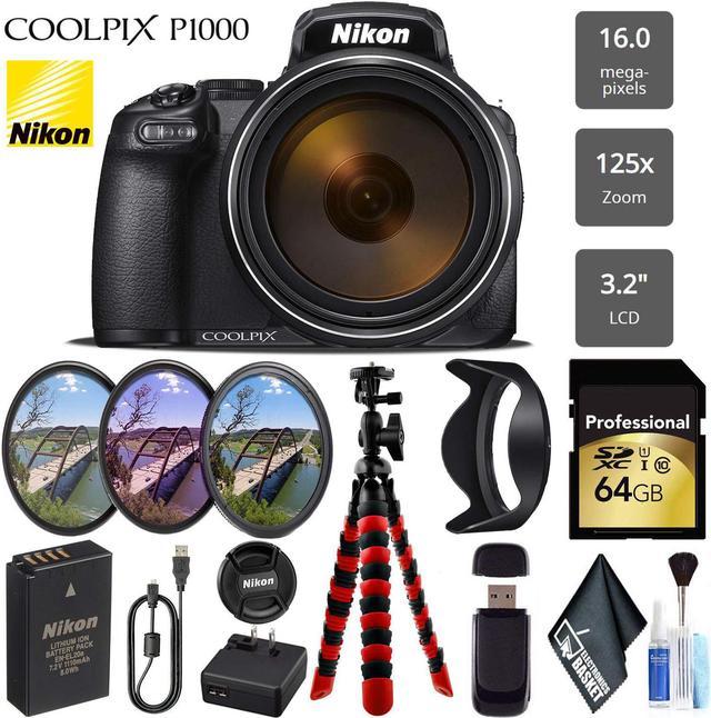  Nikon (26522) COOLPIX P1000 16MP 125x Super-Zoom Cámara digital  + 64 GB de memoria y paquete de accesorios : Electrónica