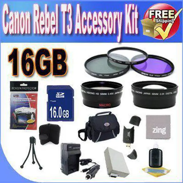 Main image of Canon T3 Accessory Saver Kit (58mm Wide Angle Lens + 58mm 3 Piece Filter Kit + 16GB Memory Card + Accessory Saver Bundle
