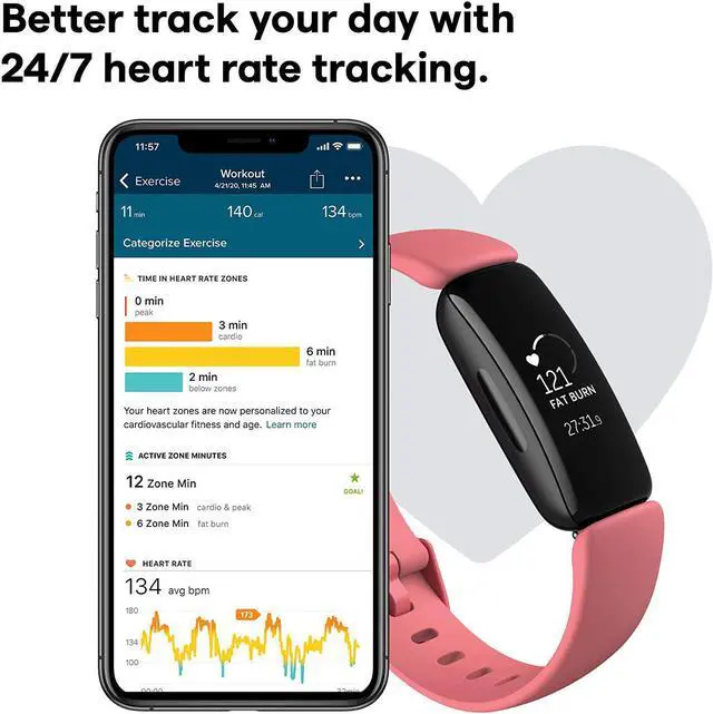Alt view image 3 of 6 - Fitbit Inspire 2 Health & Fitness Tracker, Black/Rose, (S & L Bands Included)