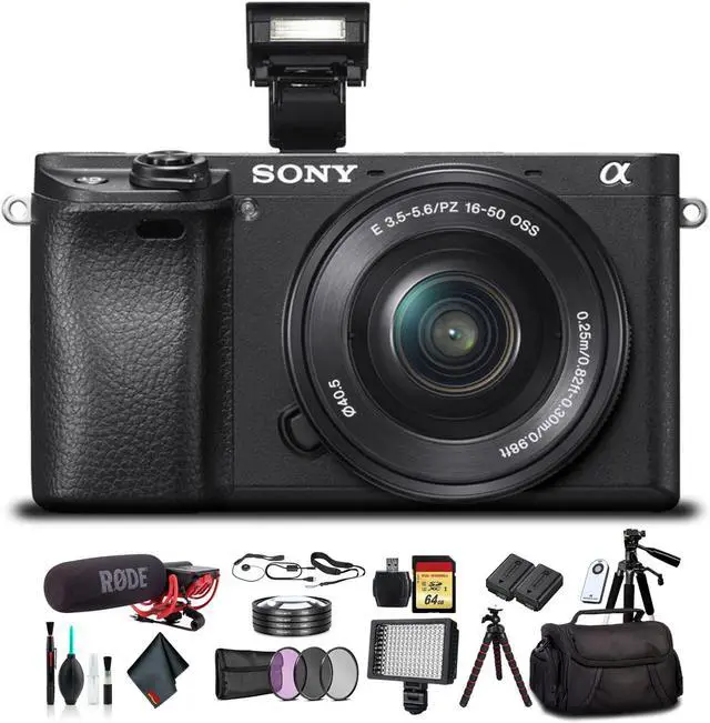 Main image of Sony Alpha a6300 Mirrorless Camera with 16-50mm Lens Black ILCE6300L/B With Soft Bag, Tripod, Additional Battery, Rode Mic, LED Light, 64GB Memory Card, Card Reader , Plus Essential Accessories