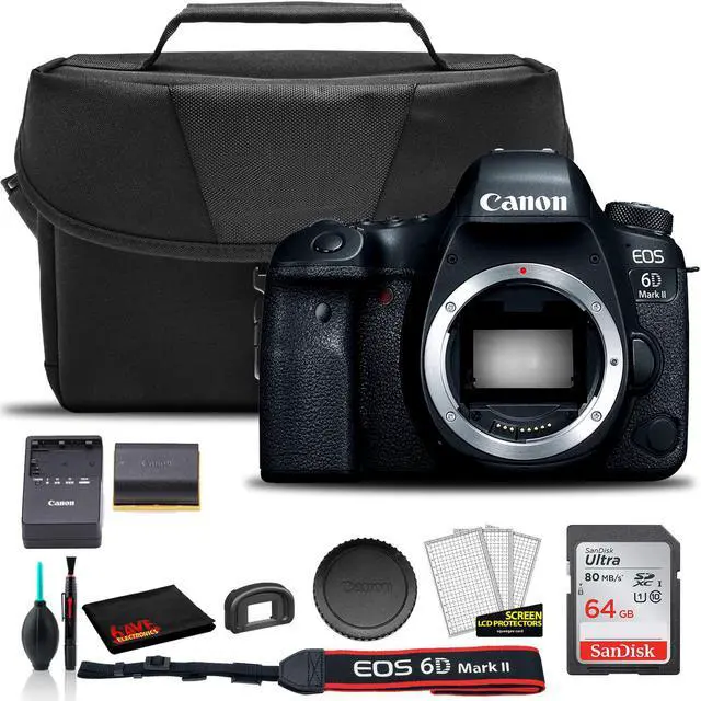 Main image of Canon EOS 6D Mark II DSLR Camera (Body Only) (1897C002) +  Canon EOS Bag +  Sandisk Ultra 64GB Card + Cleaning Set And More
