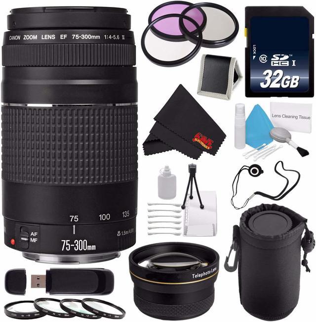 Canon EF 75-300mm f/4-5.6 III Telephoto Zoom Lens 6473A003 + 58mm 3 Piece  Filter Kit + SD Card USB Reader + 32GB SDHC Class 10 Memory Card + Deluxe 