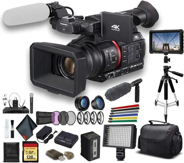 Alt view image 5 of 5 - Panasonic 4K Camcorder W/ Padded Case, 128 GB Memory Card, Heavy Duty Tripod, Lens Attachments, Sony Mic, External 4K Monitor, Wire Straps, LED Light, And More