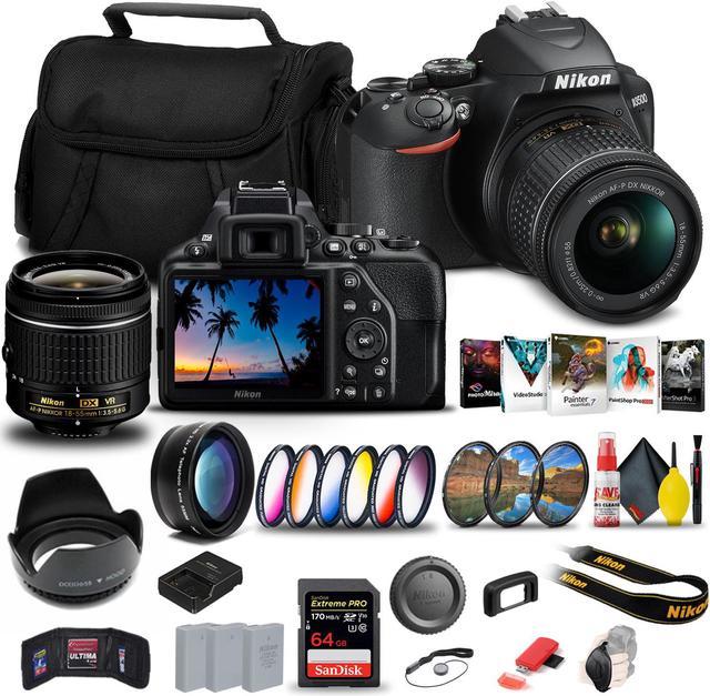 Nikon D3500 24.2MP DSLR Digital Camera with AF-P DX 18-55mm Lens (1590)  Bundle with SanDisk 64GB SD Card + Camera Bag + Filter Kit + Spare Battery  + Telephoto Lens 