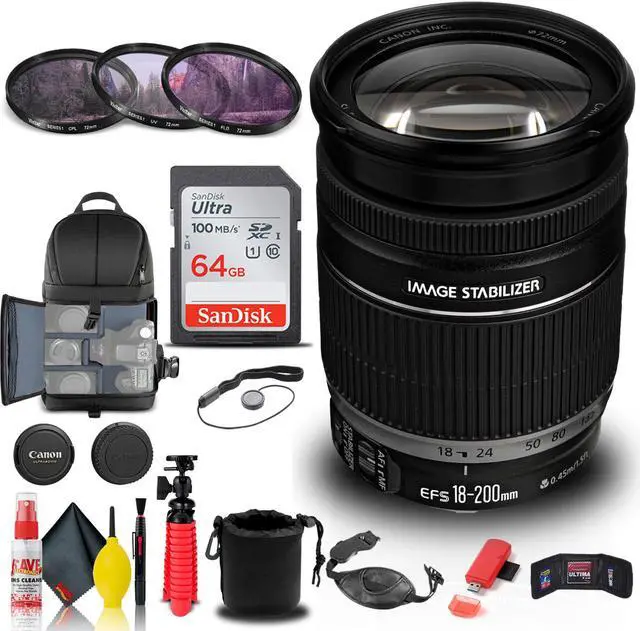 Main image of Canon EF-S 18-200mm f/3.5-5.6 IS Lens (2752B002) + Filter Kit + BackPack + More