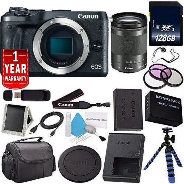 Main image of Canon EOS M6 Mirrorless Digital Camera with 18-150mm Lens (Black) 1724C021 (International Model) + LP-E17 Replacement Lithium Ion Battery + 128GB SDXC Class 10 Memory Card Bundle
