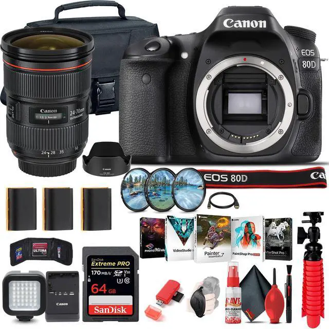 Main image of Canon EOS 80D DSLR Camera (Body Only) (1263C004) + Canon EF 24-70mm Lens + 64GB Ultimate Bundle