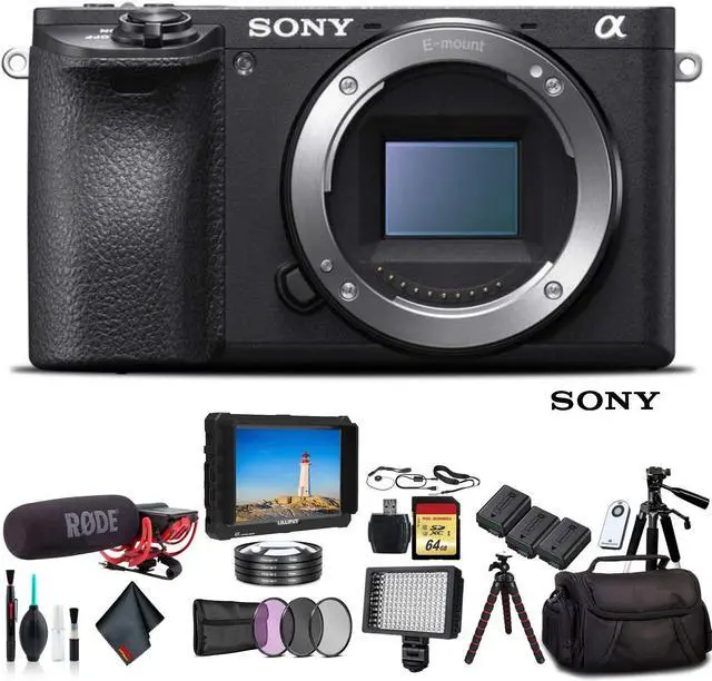 Main image of Sony Alpha a6500 Mirrorless Camera ILCE6500/B With Bag, 2x Extra Batteries, Rode Mic, LED Light, External Monitor, 2x 64GB Memory Card, Sling Bag, Card Reader , Plus Essential Accessories