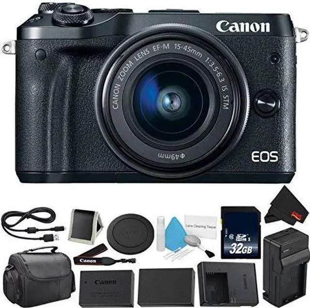 Main image of Canon EOS M6 Mirrorless Digital Camera with 15-45mm f/3.5-6.3 IS STM Lens Kit- Bundle with 32GB Memory Card + Extra Battery - Intl Model