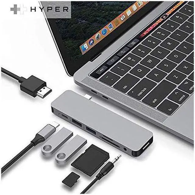 Alt view image 8 of 10 - hyperdrive type c adapter, sanho solo 7in1 usb c hub for macbook pro, pc w usbc port: usbc 40mbps 100w power delivery, usbc 5gbps data, 4k hdmi, microsd/sd card reader, 2xusb 3.0 ports, audio jack