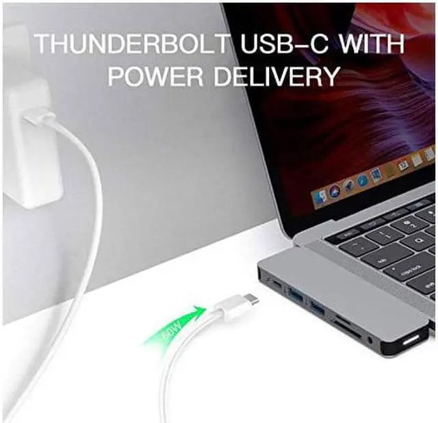 Alt view image 7 of 7 - hyperdrive type c adapter, sanho solo 7in1 usb c hub for macbook pro, pc w usbc port: usbc 40mbps 100w power delivery, usbc 5gbps data, 4k hdmi, microsd/sd card reader, 2xusb 3.0 ports, audio jack