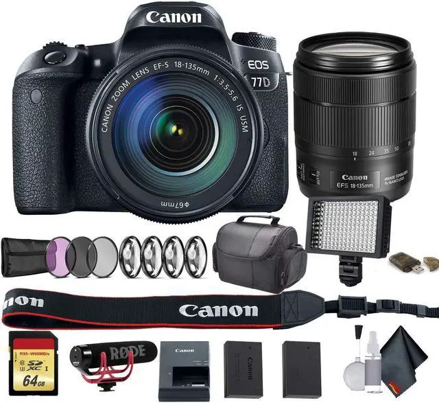 Main image of Canon EOS 77D DSLR Camera with 18-135mm USM Lens (International Model) (1892C002) W/Bag, Extra Battery, LED Light, Mic,