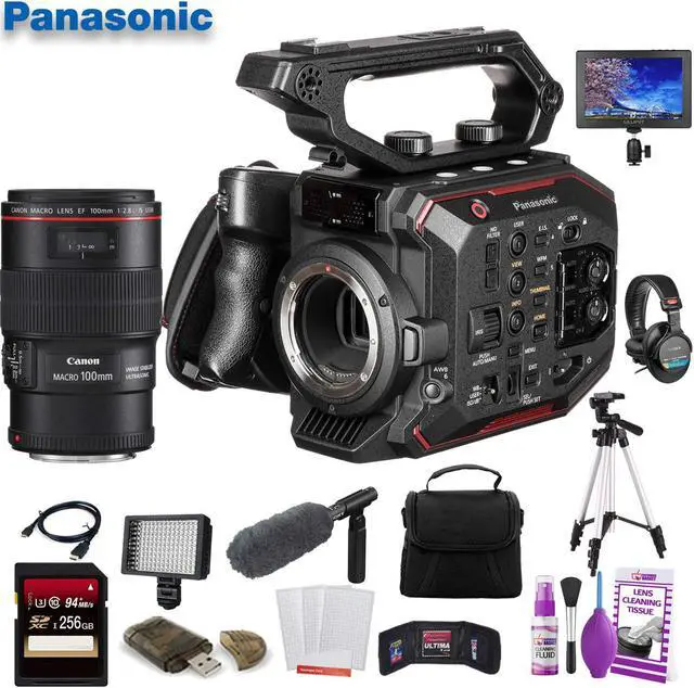 Main image of Panasonic AU-EVA1 Compact 5.7K Super 35mm Cinema Camera (AU-EVA1PJ) W/ Canon EF 100mm f/2.8L Lens , 256GB Memory Card, Bag, Tripod Bundle