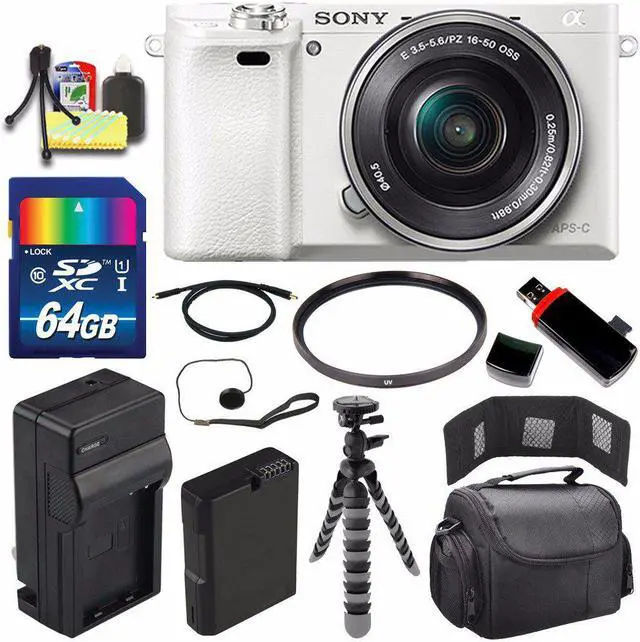 Main image of Sony Alpha a6000 Mirrorless Digital Camera with 16-50mm Lens (White) + Battery + Charger + 64GB Bundle 3 - International