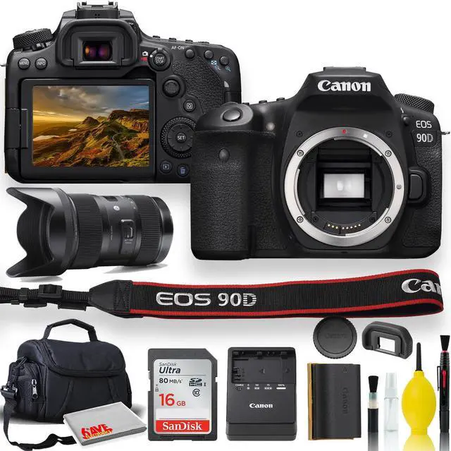 Main image of Canon EOS 90D DSLR Camera With Sigma 18-35mm Lens, Soft Padded Case, Memory Card, and More (International Model)