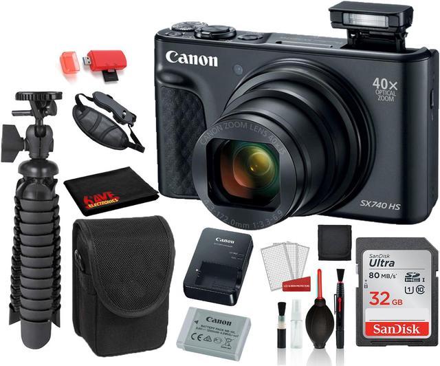 Canon PowerShot SX740 HS Digital Camera (Black) with SanDisk 32gb SD card +  Camera Case + 12 Tripod Base Bundle