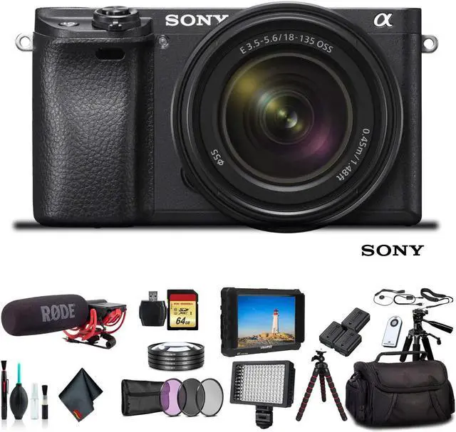 Main image of Sony Alpha a6500 Mirrorless Camera with 18-135mm Lens ILCE-6500M/B With Bag, 2x Extra Batteries, Rode Mic, LED Light, HD Monitor, 2x 64GB Memory Card, Sling Bag, Plus Essential Accessories