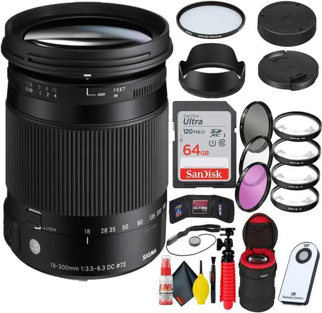Main image of Sigma 18-300mm f/3.5-6.3 DC Macro OS HSM Contemporary Lens for Nikon F + 64GB SD Card Bundle