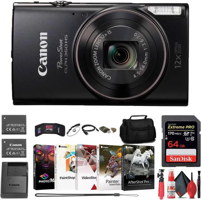 Canon PowerShot ELPH 360 HS Digital Camera 64GB Card Battery