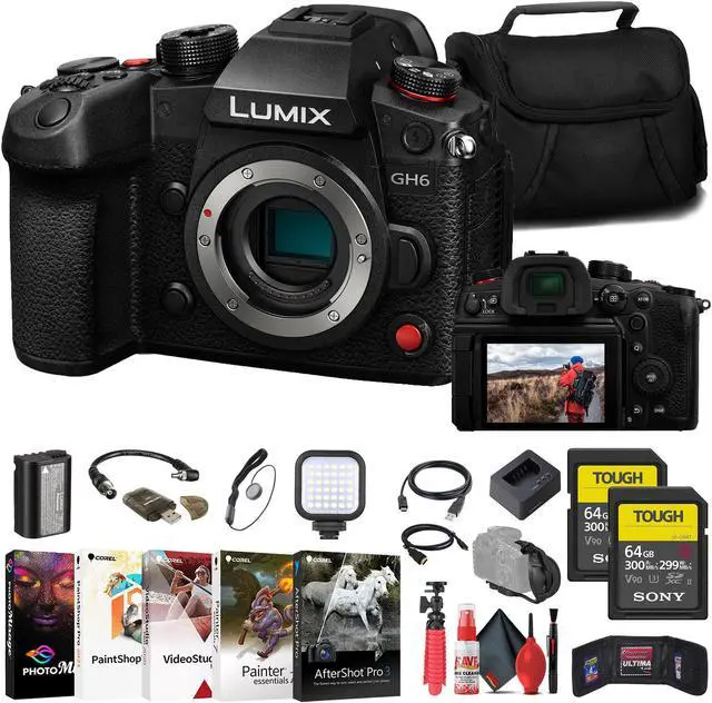 Main image of Panasonic Lumix GH6 Mirrorless Camera + 2 x Sony 64GB TOUGH SD Card + More