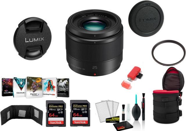 Panasonic Lumix G 25mm f/1.7 ASPH. Lens with 2x 64 Memory Cards
